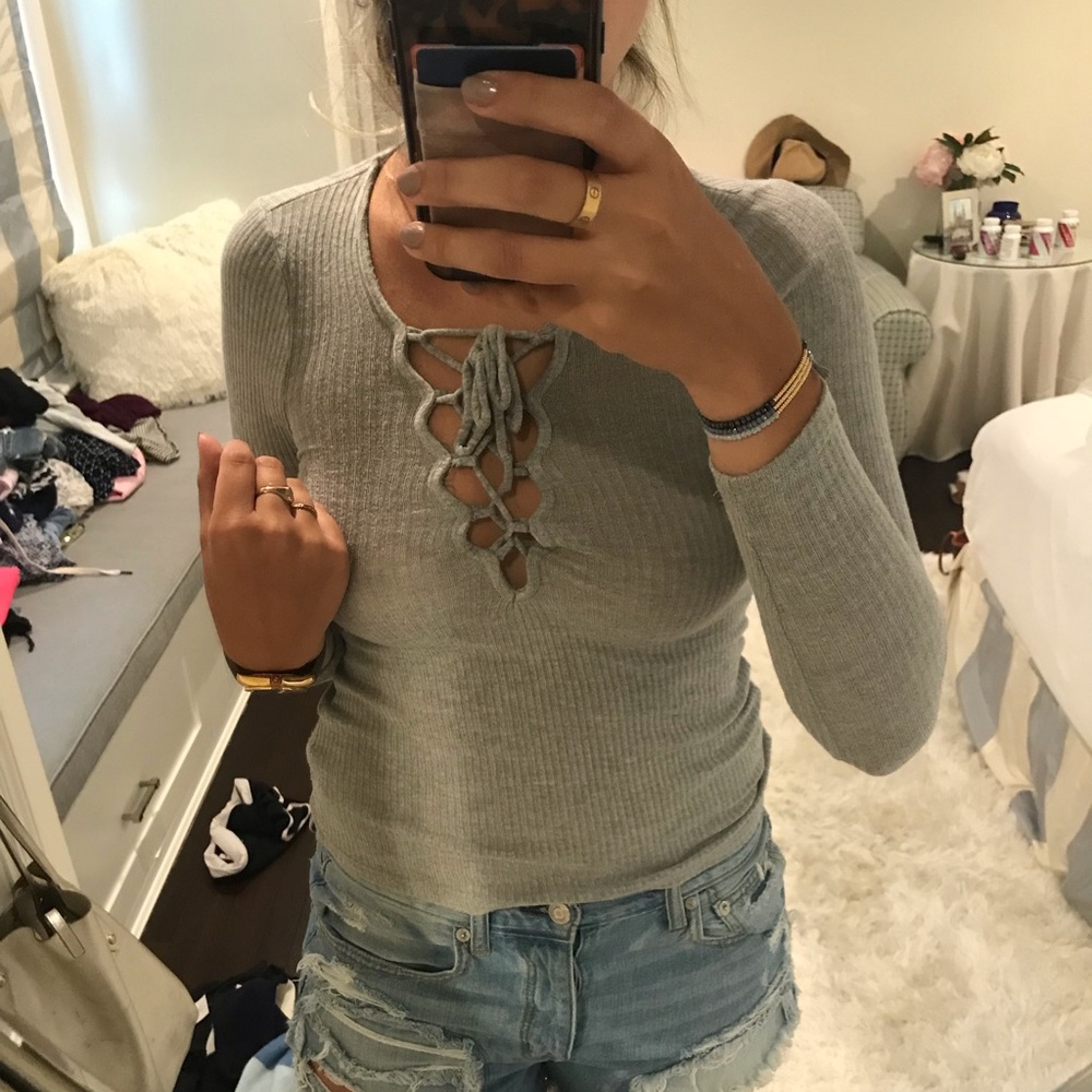 Grey lace up top